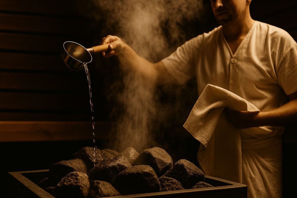 Sauna master performing the Aufguss ritual at a sauna - Sauna Genève