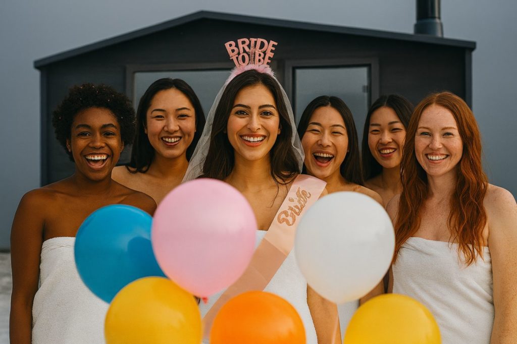 Group of women smiling with bride to be during a hen night at Sauna Geneva private sauna.