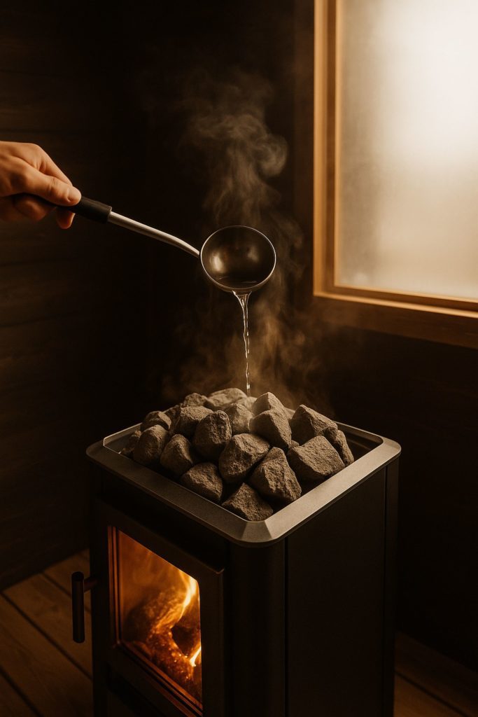 pouring water on wood burning sauna stove - render