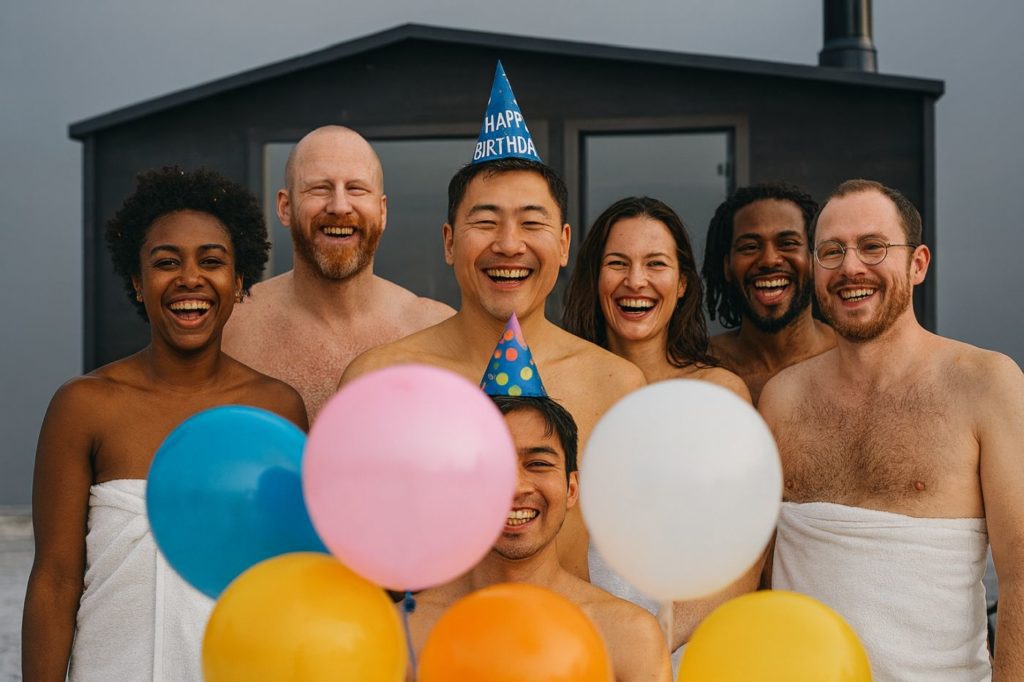 Diverse group of friends celebrating a birthday with private hire of Sauna Geneva.
