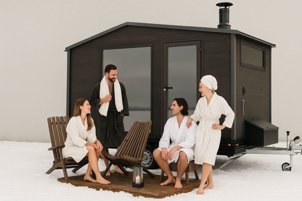 People relaxing outside of Sauna Genevè (Sauna Geneva) in Winter - rendering