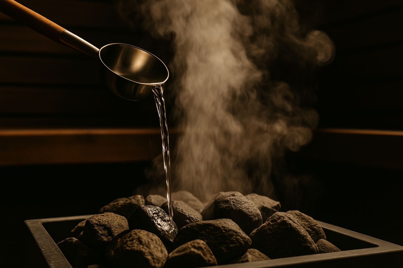 Pouring water on sauna stones to create löyly steam