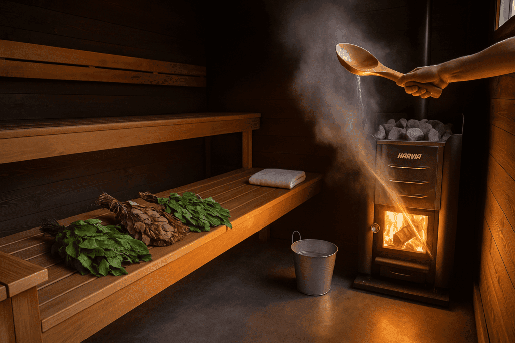 Finnish sauna workshop in Geneva with steam rising from stove and vihta whisks on the bench