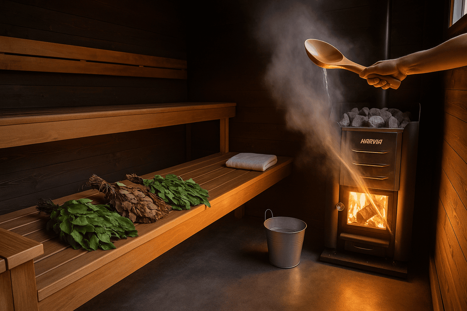 Finnish sauna workshop in Geneva with steam rising from stove and vihta whisks on the bench